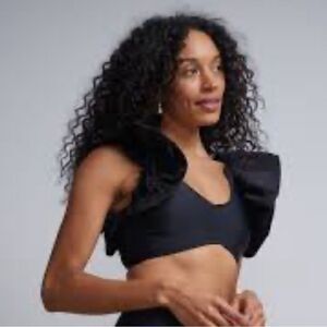 NY&C Ruffle Shoulder Black Padded Bikini Top L NWT